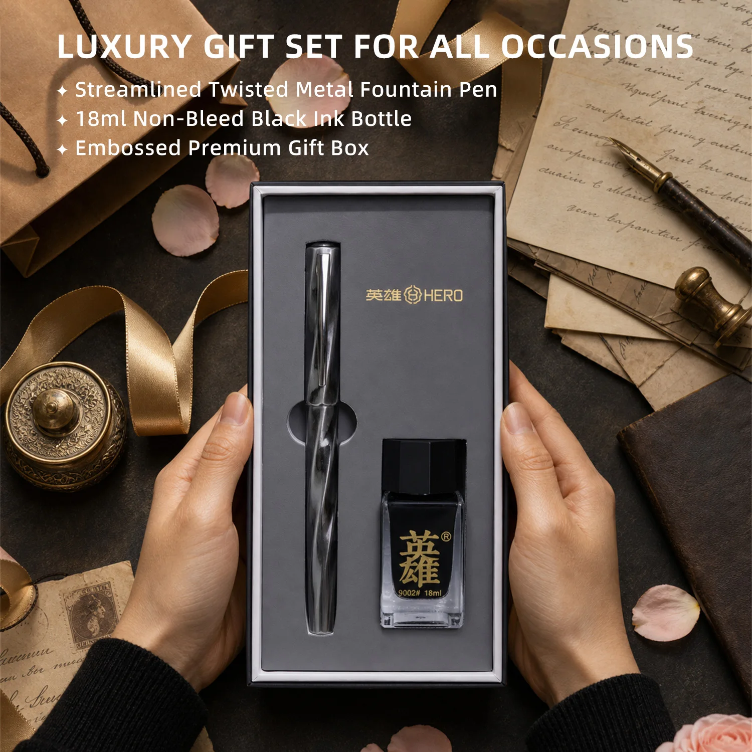 HERO E505A 0.5mm Iridium Fountain Pen, Smooth Stainless Steel Nib, Durable Metal Barrel, Complete with Luxury Box & Ink, Ideal