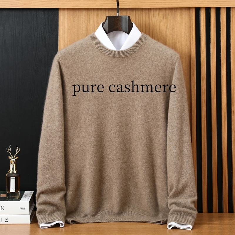 100% Pure Goat Cashmere Sweater Men's Round Neck Pullover Casual Basic Versatile Sweater Autumn Winter Thin Knitted Base Sweater
