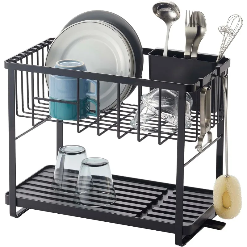 

Home Two-Tier Adjustable Dish Drainer Rack, Compact Drying Rack with Hooks, Utensils Holder, Steel, Draining Spout