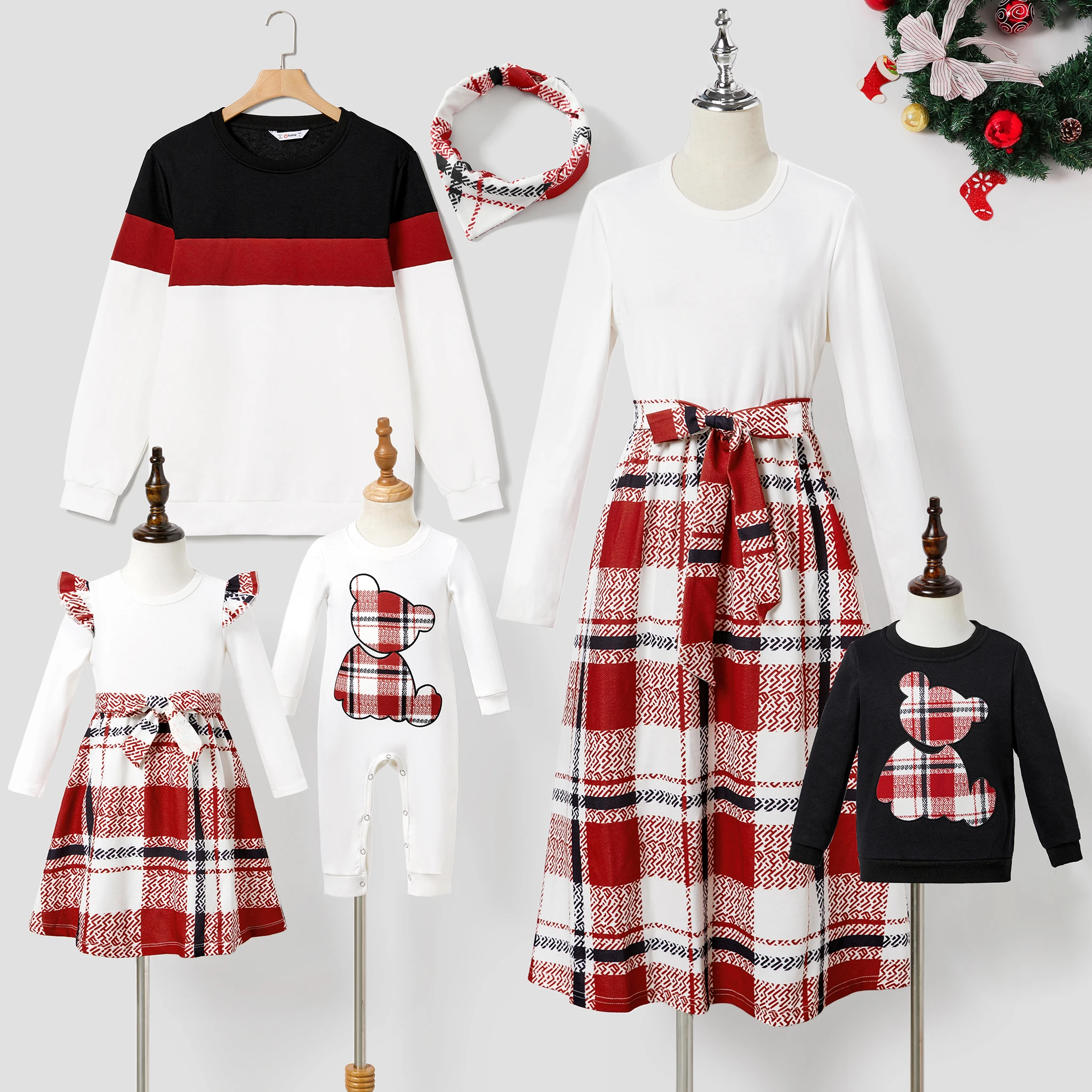 PatPat Family Matching Casual Long-sleeve Color-block Tops & Grid/Houndstooth Belted Dresses Sets