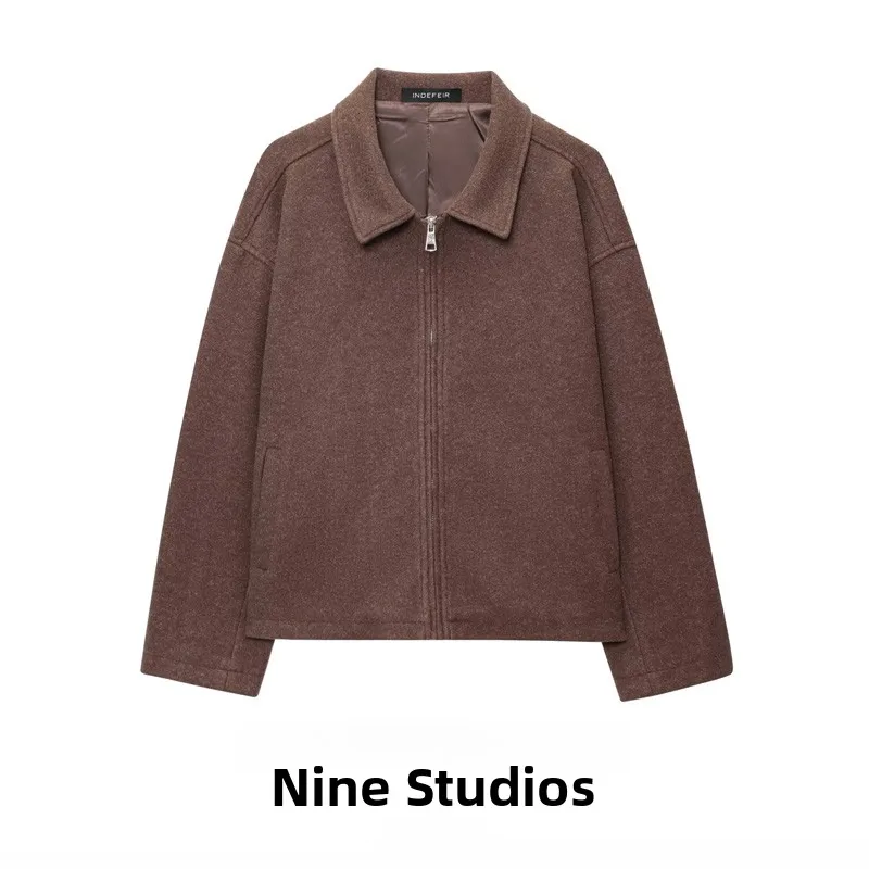 

NINE ZA Women's Casual Notch Lapel Jaet Zipper Woolen ort Coat Versatile Long Sve Commute Sle Regular Fit Pure Color