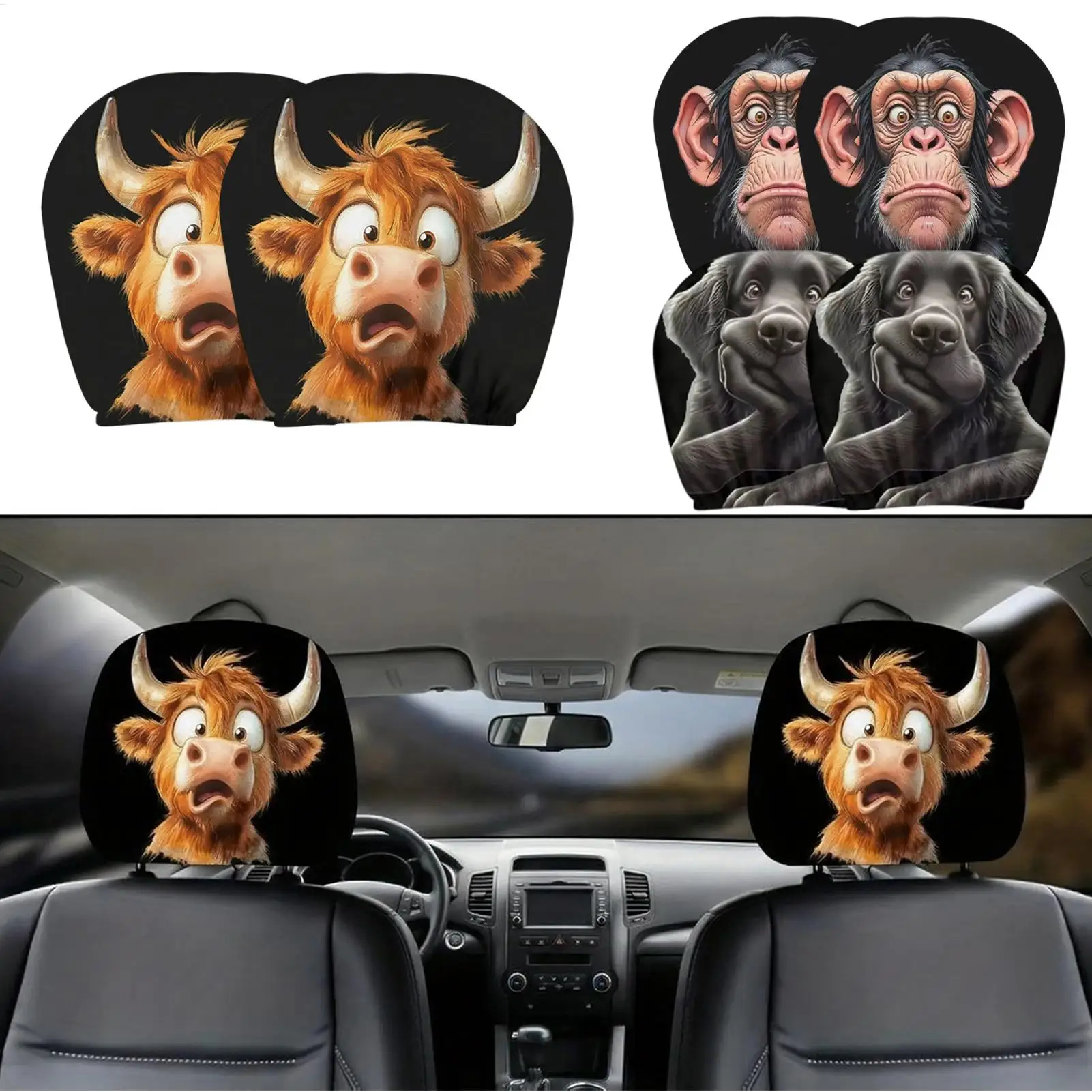Funny Car Headrest Covers Cartoon Animal Elastic 2 Pieces Auto Seat Head Rest Cover For Daily Commuting Vacation Holiday Travel