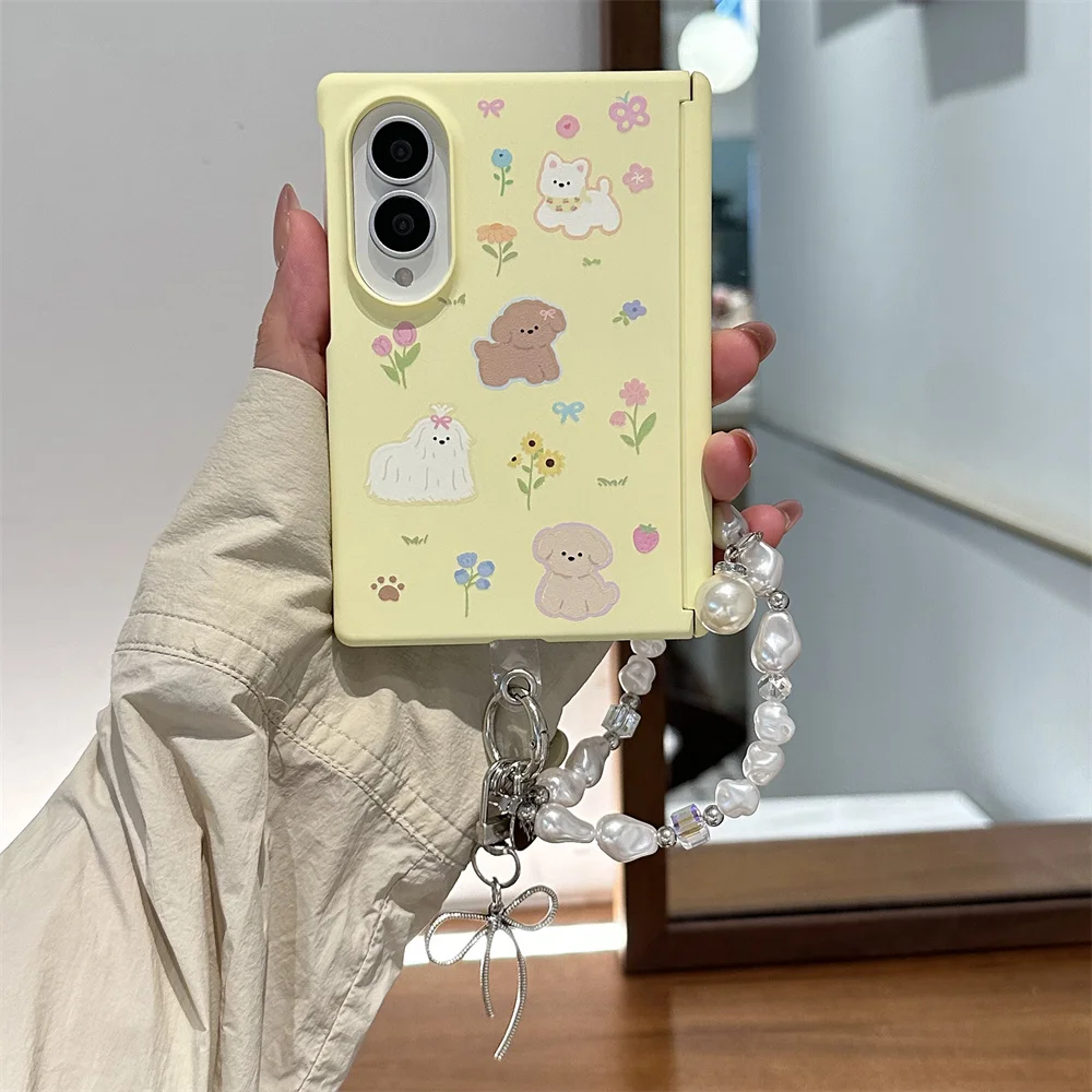 Korea Cute Cartoon flower puppy Skin feel Phone Case for Samsung Galaxy Z Fold 8 Cover Shockproof Protective Chain Fold8 case