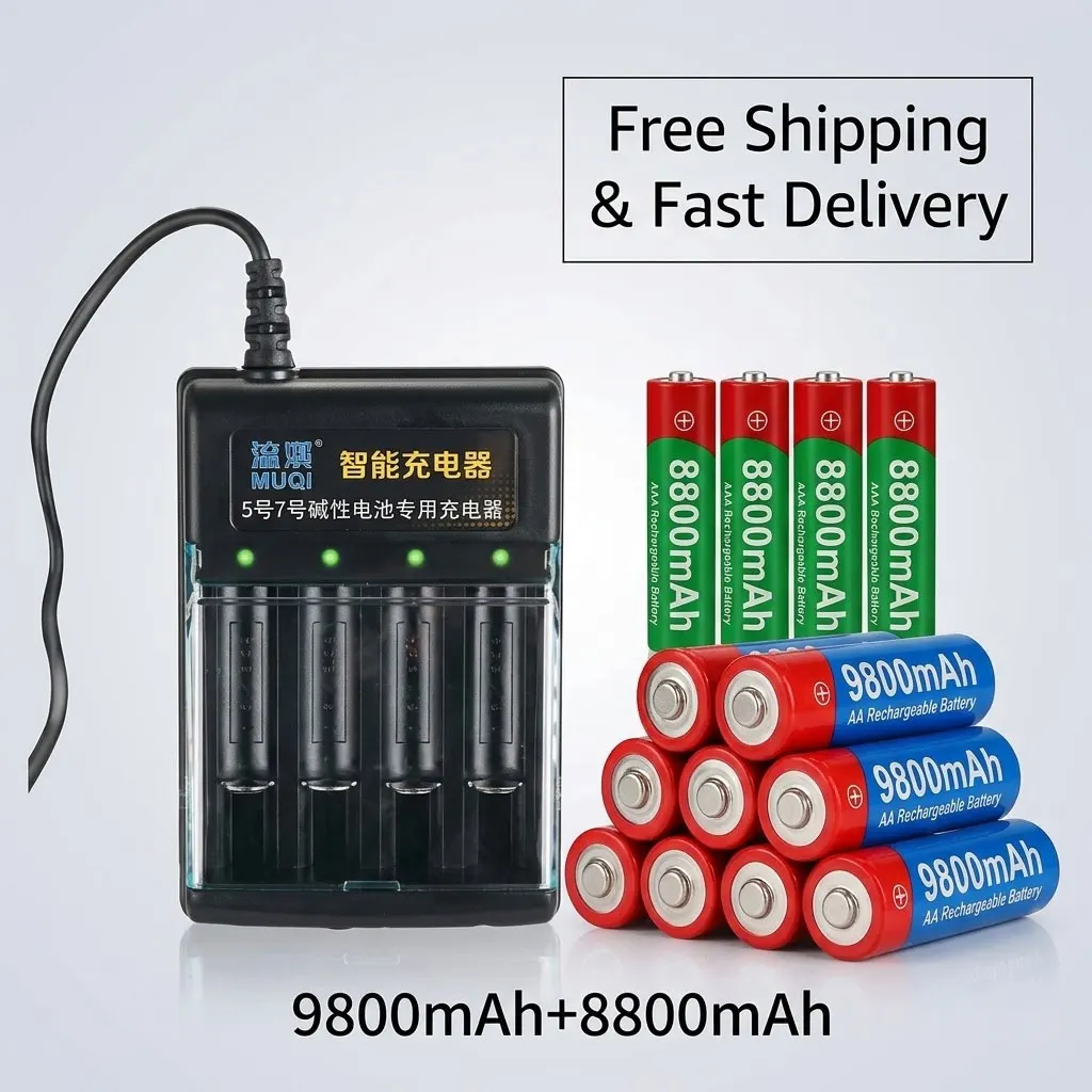 

USB Charger + 1.5V AA 9800mAh AAA 8800mAh Ni-MH Batteries Kit for Camera Toys MP3 MP4 Player and Devices