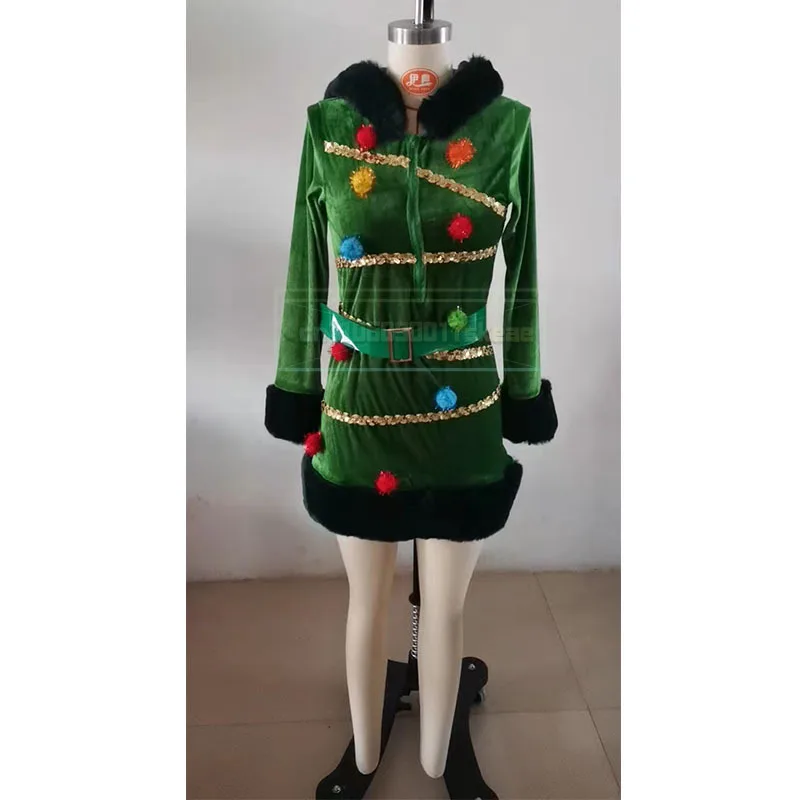 

Christmas Tree Cosplay Costume For Women Adult Hooded Long Sleeves Santa Claus Mini Dress Halloween Carnival Xmas Party Stage