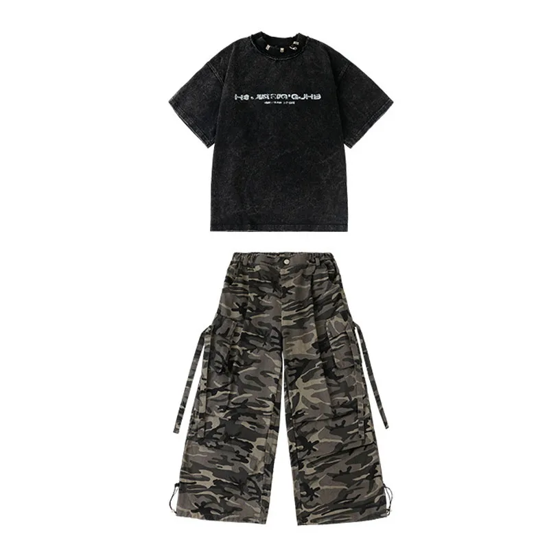 키즈 K팝 힙합 의류 블랙 목넥 티셔츠 탑 카모 캐주얼 스트랩 파라슈트 카고 팬츠 남아 여아 댄스 의상 옷