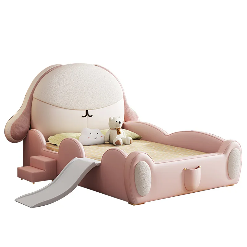 

Girl princess cartoon solid wood soft bag leather bed, bunny pink modern slide bed with guardrail