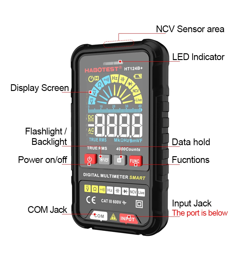 HABOTEST HT124B+ Smart AC DC Capacitance Multimeter 4000 Counts 0-600V AC/DC Voltage TN Display-Most Popular Multitester DMM