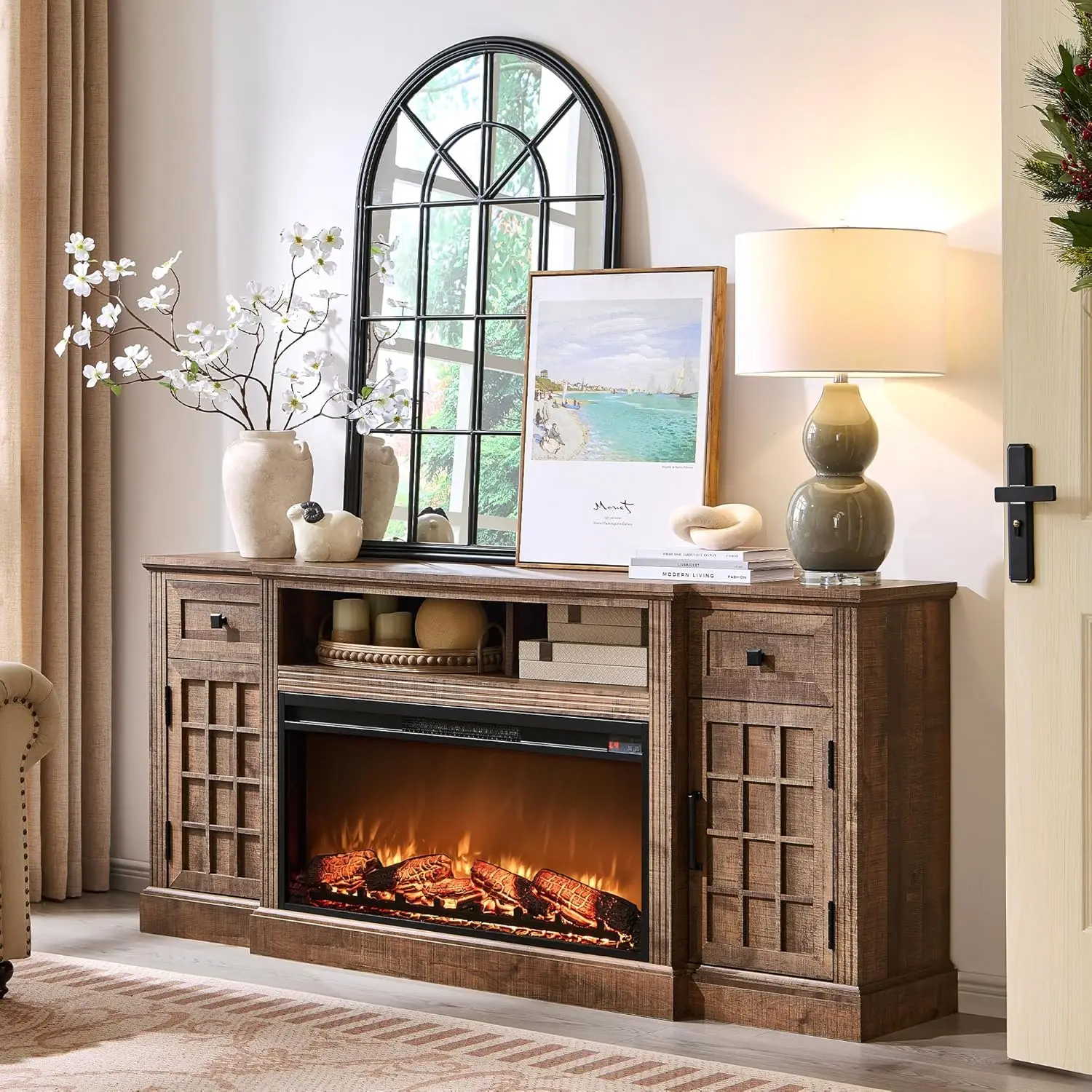 

TV Stand with Fireplace for up-to-80 TV, Farmhouse 70" Entertainment Center with 36" Electric Fireplace, TV Console