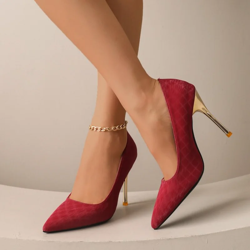 Women Pointed Toe Thin Heel Shallow Pumps, Slip On Metallic Stiletto Dress High Heels, Fall Wedding Party Office Ladies Shoes