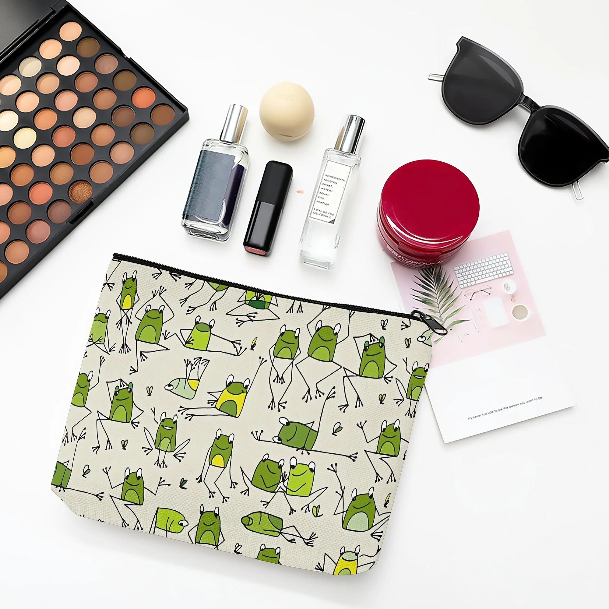Cartoon Frog Pattern Makeup Bag Portable Zipper Cosmetic Pouch Storage Organizer Suitable For Dorm Small Space Daily Use