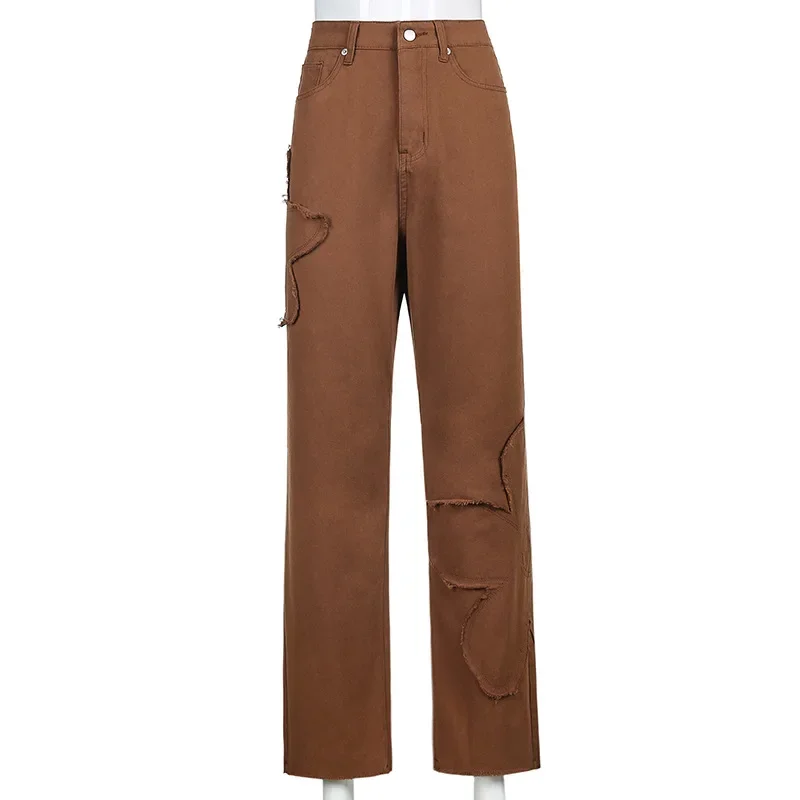 Aesthetic Baggy Jeans Women Brown Vintage 90s Loose Long Pants Flower High Waist Ladies Straight Denim Trousers Streetwear 2024