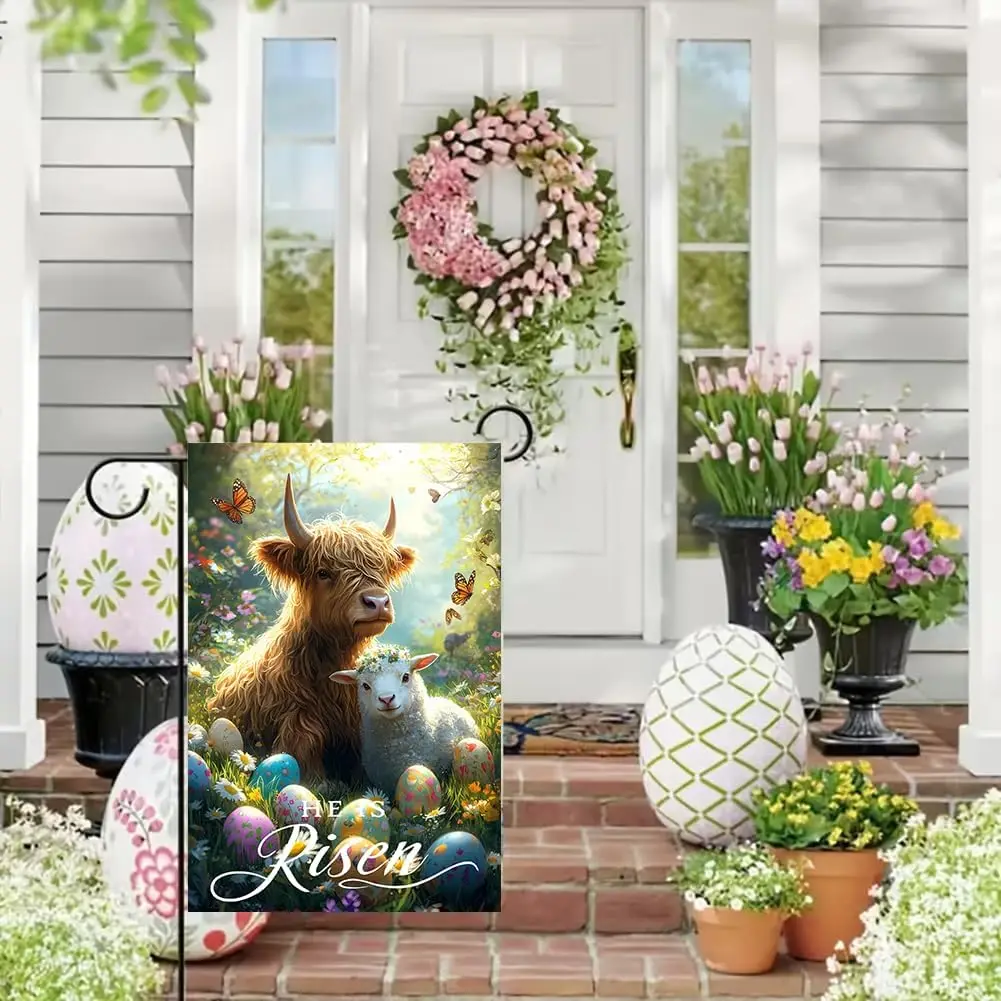 He is Risen Easter Garden Flags for Outside 12x18 Double Sided, Small Burlap Farmhouse Spring Floral Highland Cow Lamb Garde IIC