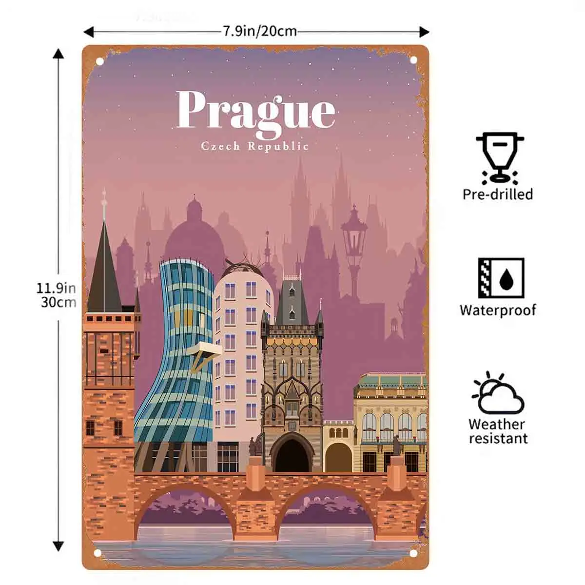 2D FLAT 1pc Prague City Skyline Metal Wall Sign Decoration for Home Cafe Garage Bedroom Porch And Garden