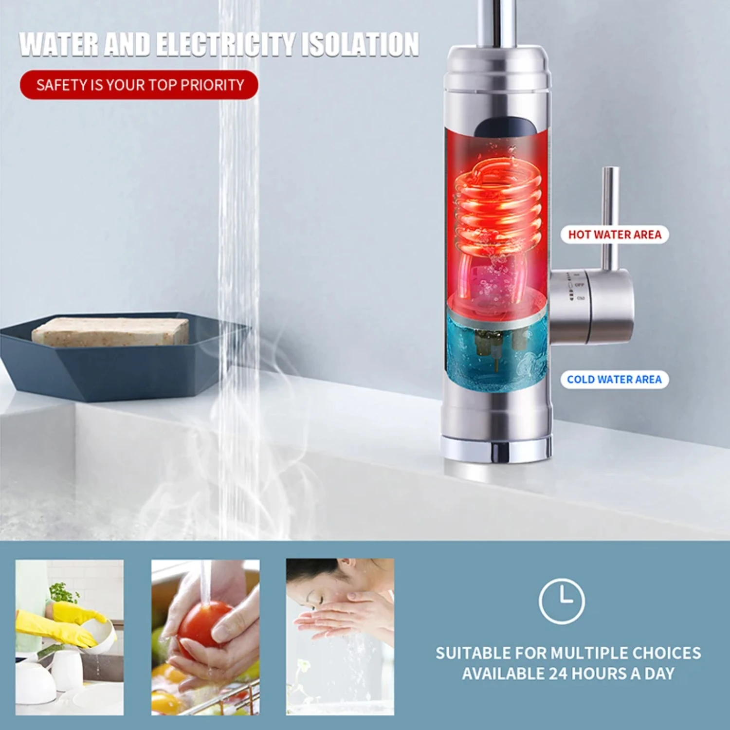 Rubinetto del riscaldatore istantaneo Riscaldatori senza serbatoio Rubinetto caldo della cucina Riscaldamento del bagno Guscio in acciaio inossidabile 220v