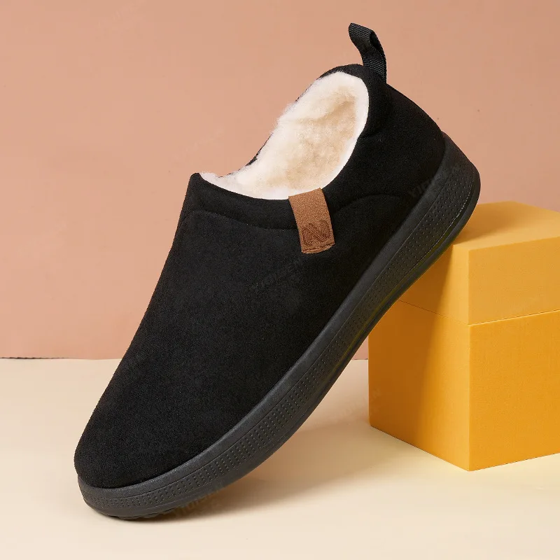 Winter Thermal Men Slip On Cotton Shoes Soft Suede Fabric Plush Inside Non Slip Sole Household Outdoor Casual Walking Shoes