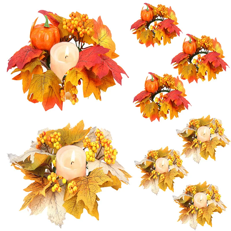 

Simulated Maple Leaf Candlestick Decoration Wreath Thanksgiving Day Harvest Festival Halloween Autumn Party Desktop Decoration