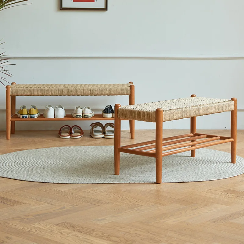 Solid wood rattan shoe changing stool bench Japanese designer retro home bed and breakfast shoe changing stool shoe rack with th
