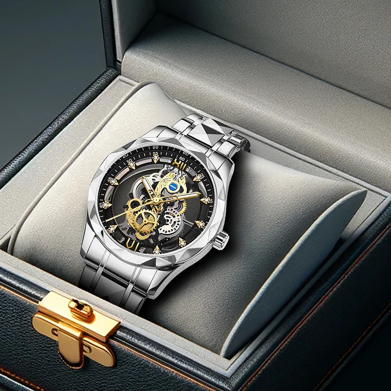 

Мужские серебристо-желтые модные кварцевые часы в джентльменском стиле с каркасным циферблатом и маркерами.