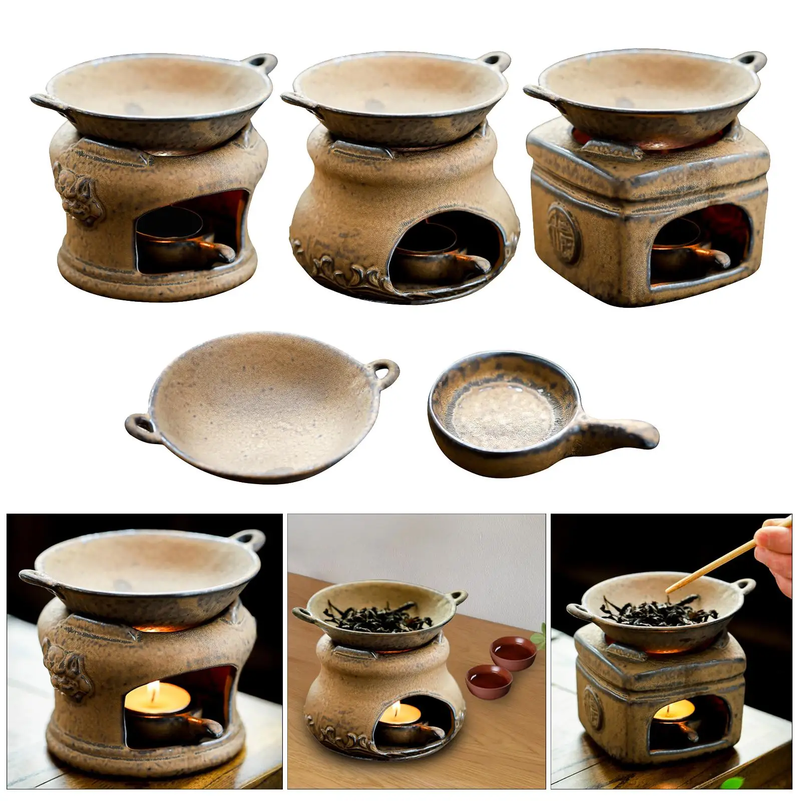 Oil Warmer Chinese Style Vintage Furnace Tealight Holder Candle Diffuser Candle Burner Set for SPA Yoga Bedroom Decor Meditation