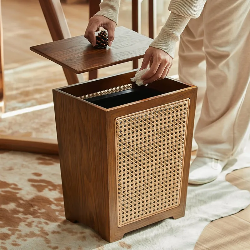 Retro wooden trash can, antique double-layer in the living room, rattan trash can