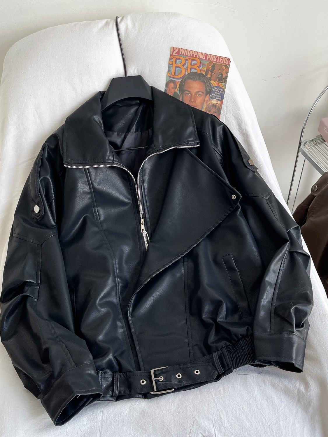Casual Loose Long Sve Leather Jaet Women's Sle Zipper Collar Faionable Versatile Outerwear for Autumn Season