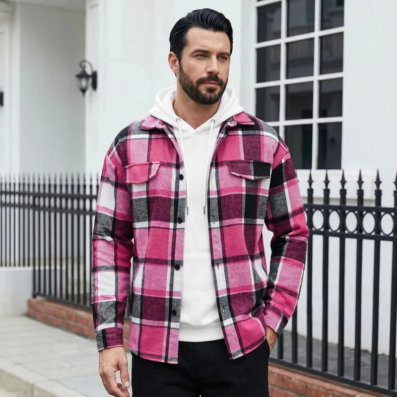 Brown Plaid Flannel Shirt Jacket Men Button Down with Chest Pockets Casual Outerwear 2026 New Fashion