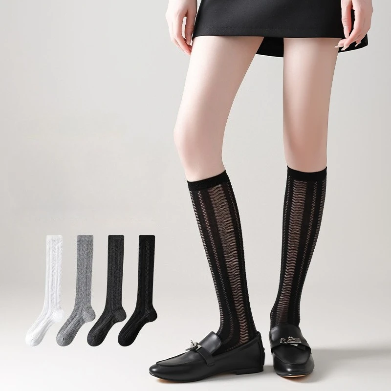 Summer Ultra-thin Nylon Long Socks Stockings Women Solid Color Black White Gray Socks JK School Girls Knee Socks Women Stockings