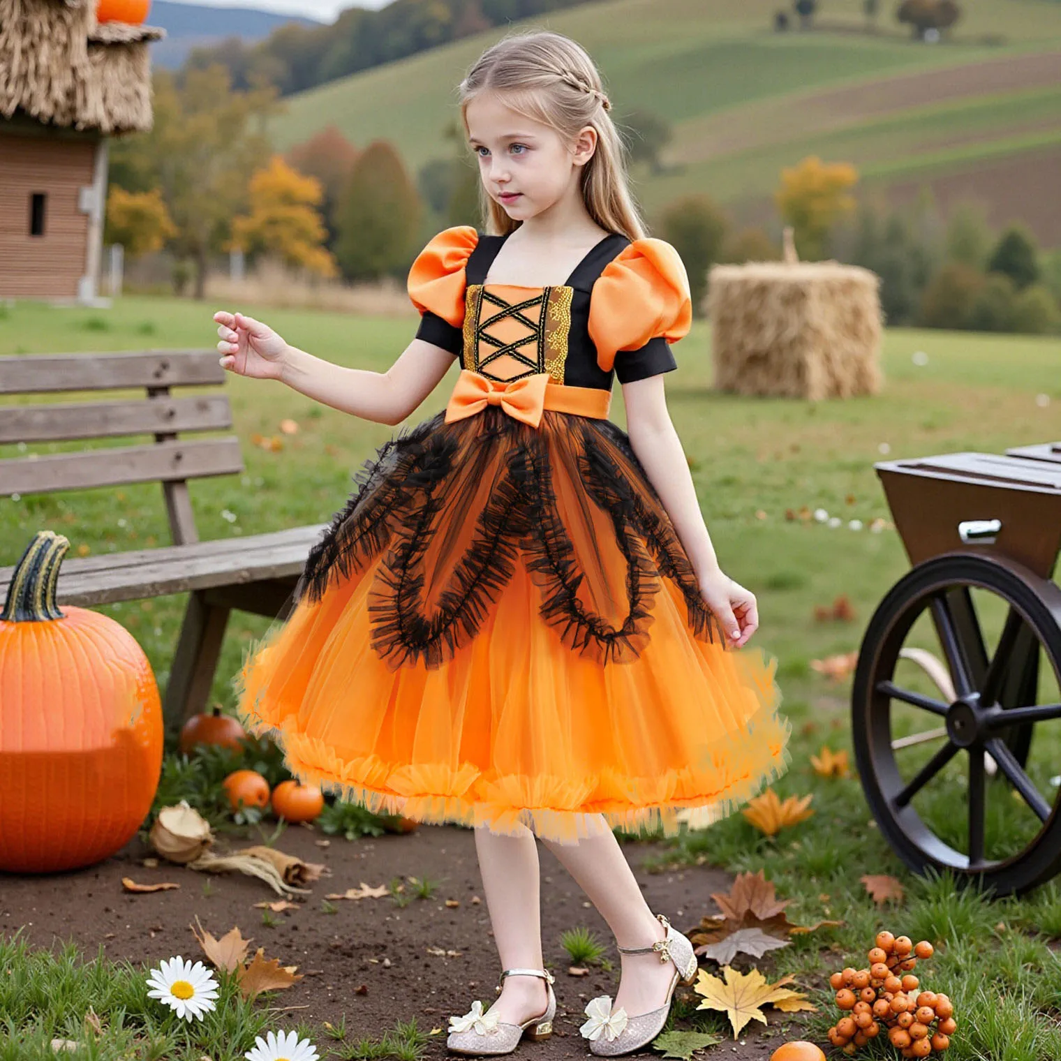 

Horror Halloween Costume Orange Girl Mesh Girls Dress For Party Pumpkin Bag Sets For Children Spider Web Dress Up Girl Clothes