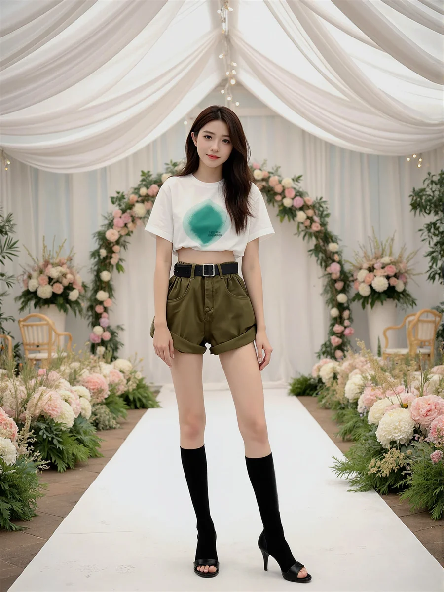 데님 롤 엣지 하이 웨이스트 루즈 쇼츠 여성용 우아한 겨울 심플 루즈핏 홈웨어 라운지웨어