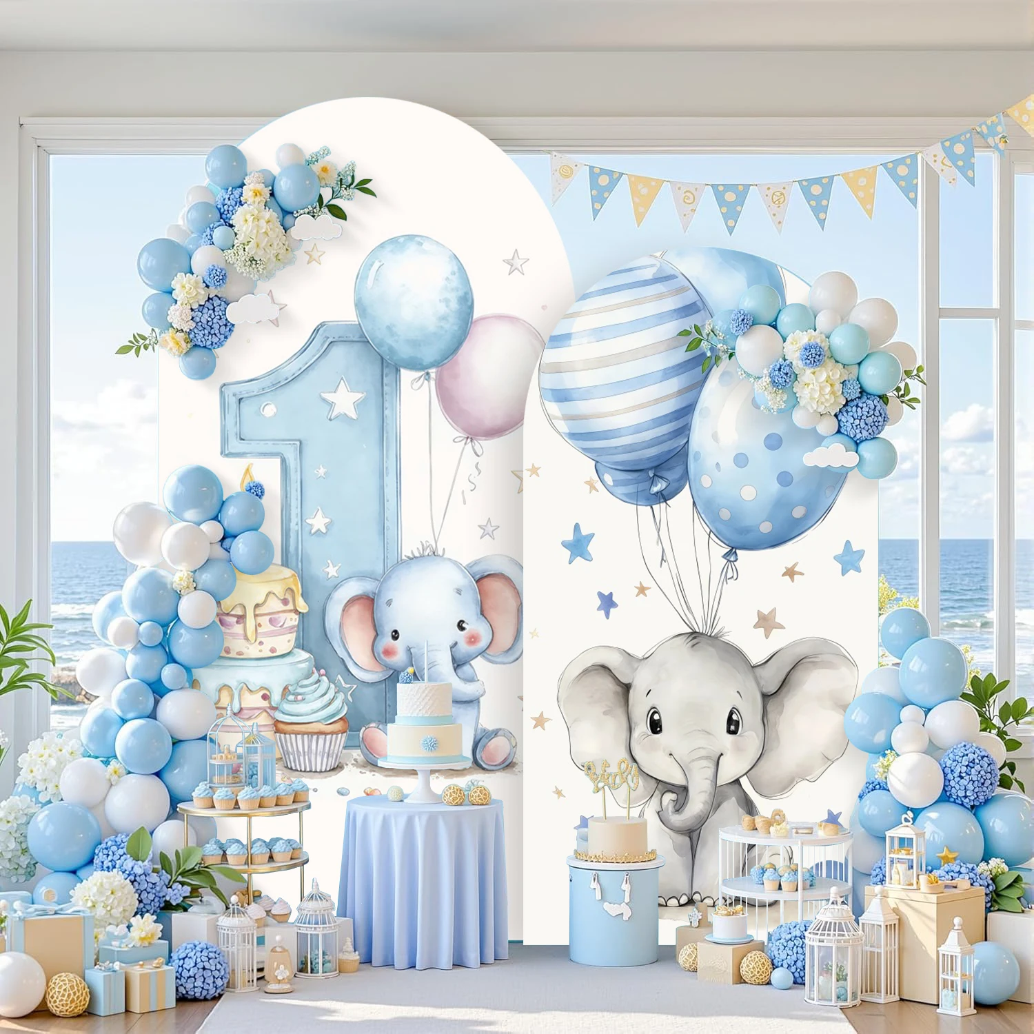 Gender Reveal Elephant Arch Cover Background for Boy or Girl Newborn Birthday Baby Shower He or She Arched Photography Backdrop