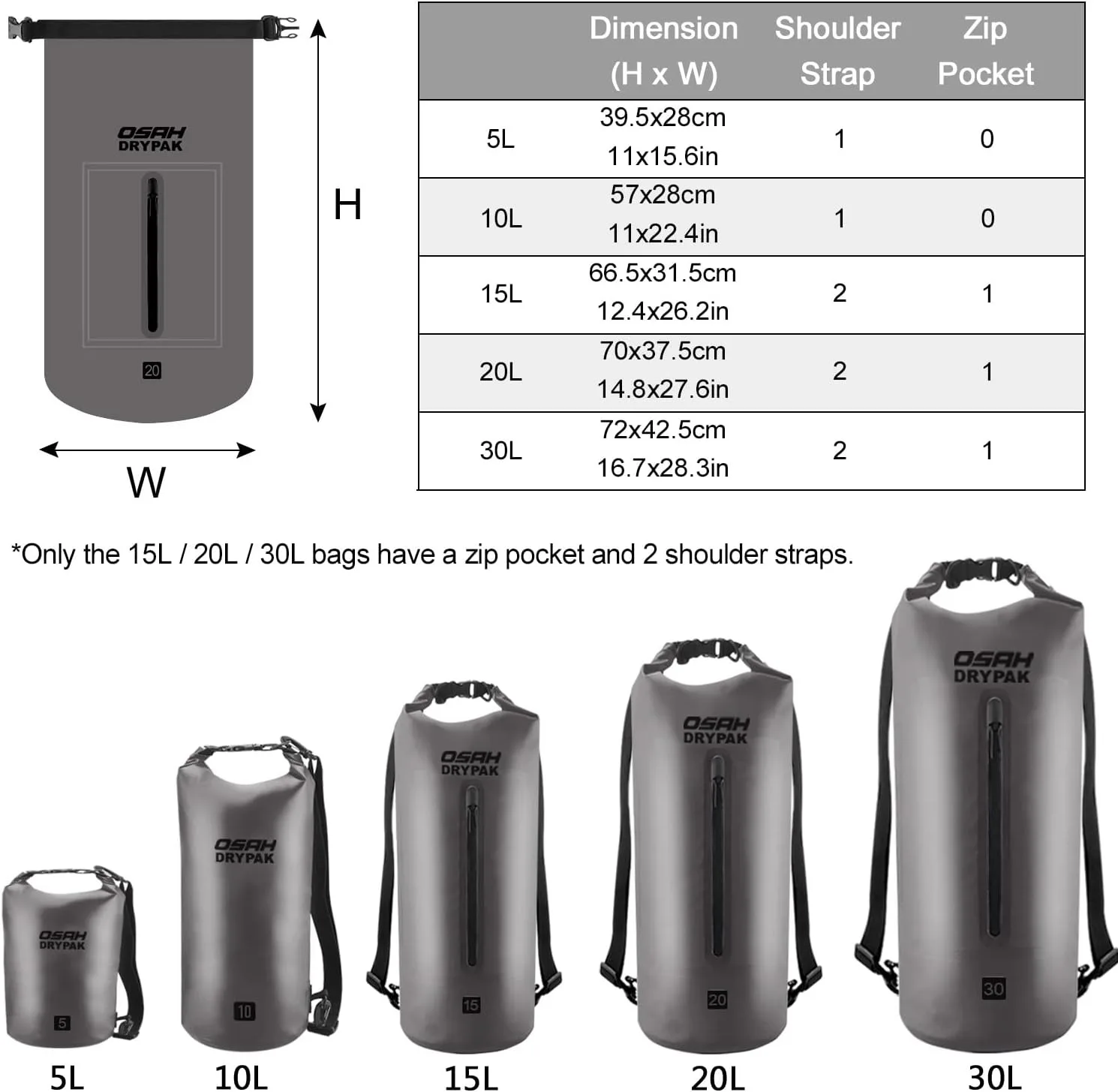 OSAH DRYPAK Borse Impermeabile Sacca Dry Bag 5L/15L/20L con Tracolla Regolabile per Spiaggia Sport d'Acqua Trekking Kaya