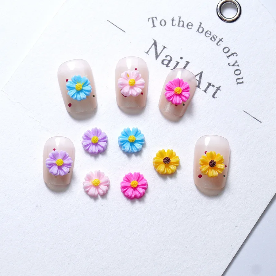 100 Stück/Packung 10×10MM Koreanische Gänseblümchen-Nagelanhänger - 3D Blumen-Harz-Nagelkunst, Niedliche Nageldekoration für Frische Maniküren