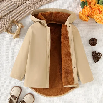 Autumn And Winter New Girls' Long Sleeved Solid Color Plus Plush Thick Jacket Fashionable Casual Hooded Jacket