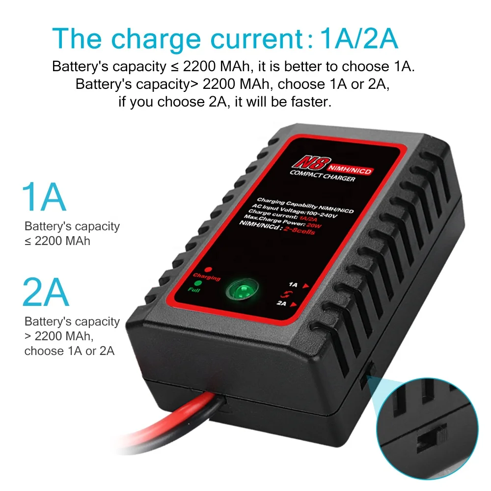 Chargeur de batterie HTRC N8 110-240V 2A 20W AC chargeur RC Compact pour 2-8S Nimh Nicd pour pièces d'avion RC