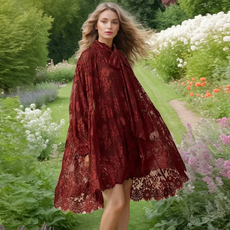 

Spring new hollow lace loose pendulum long-sleeved streamer dress fashionable simple luxury temperament elegant high-end holiday