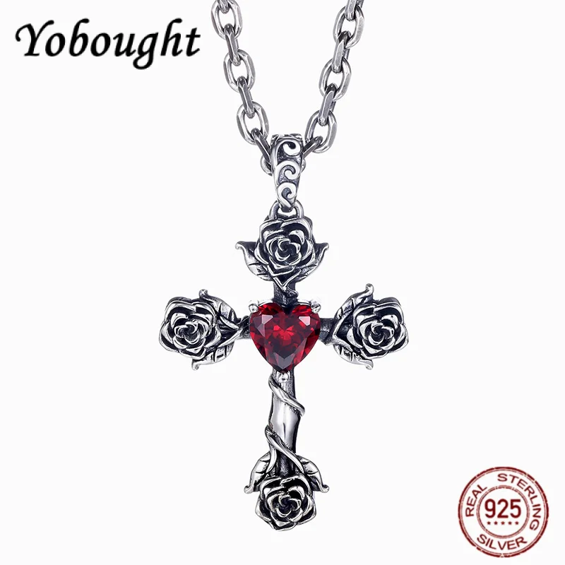 

New Original S925 Silver Thorny Rose Cross Red Zircon Love Pendant Female Fashion Rock Jewelry Accessories Christmas Gifts