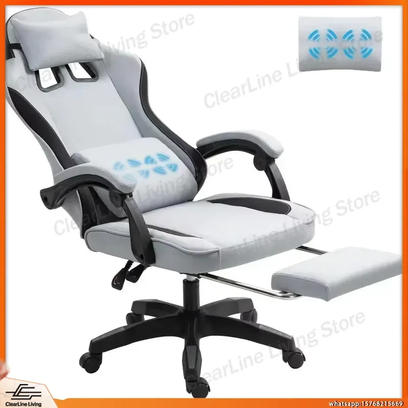 

Ergonomic Gaming Chair with Massage Function Adjustable Reclining Swivel Office Chair for PC Gamers Grey Fabric Racing Style
