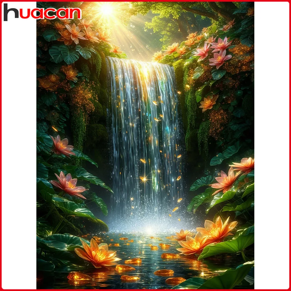 

Huacan Новые поступления алмазная живопись лотос водопад Алмазная вышивка пейзаж цветок полный подарок ручной работы