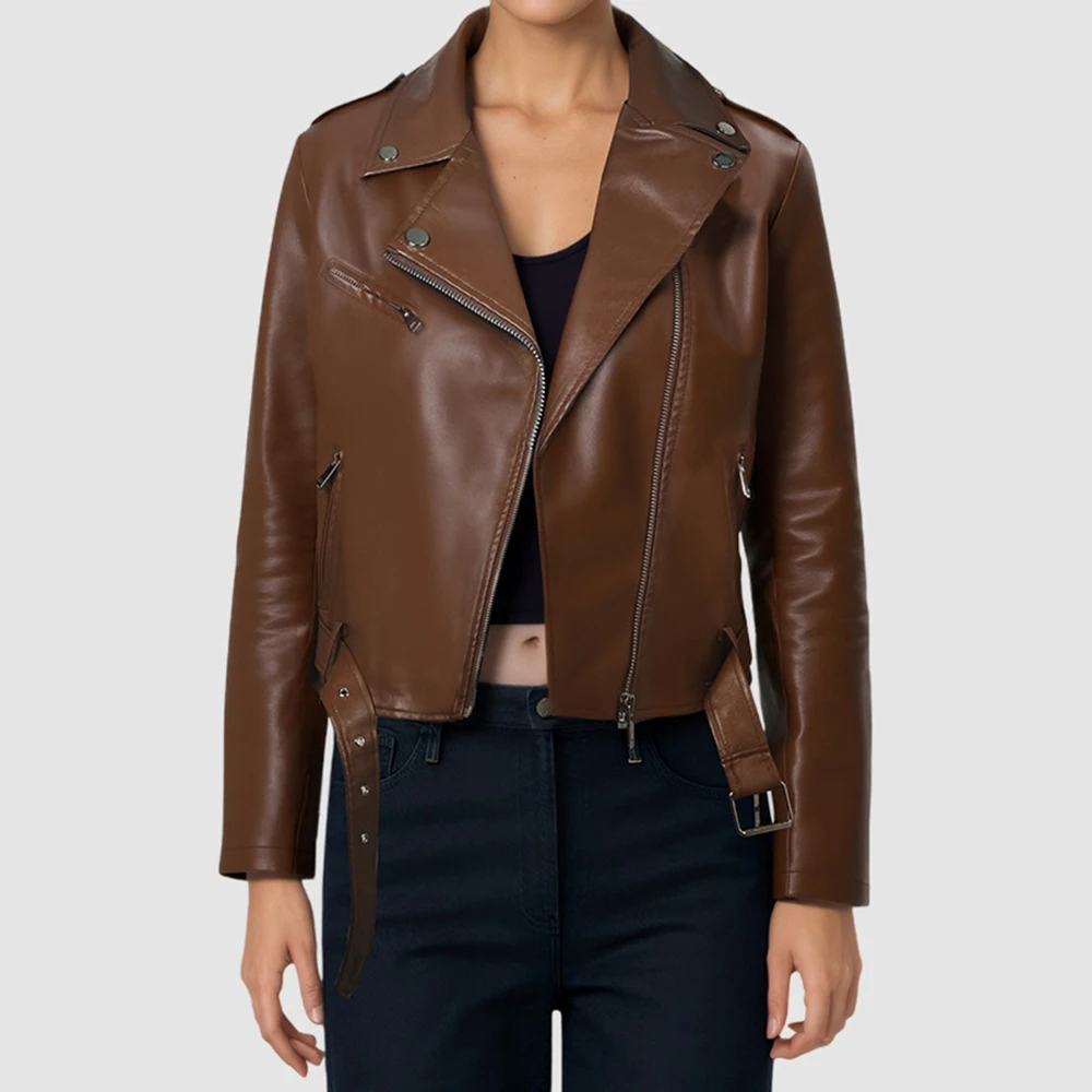 European American Turn-down Collar Short Leather Jacket With Belt Women's PU Leather Simple New Spicl Girl Style Motorcycle Coat