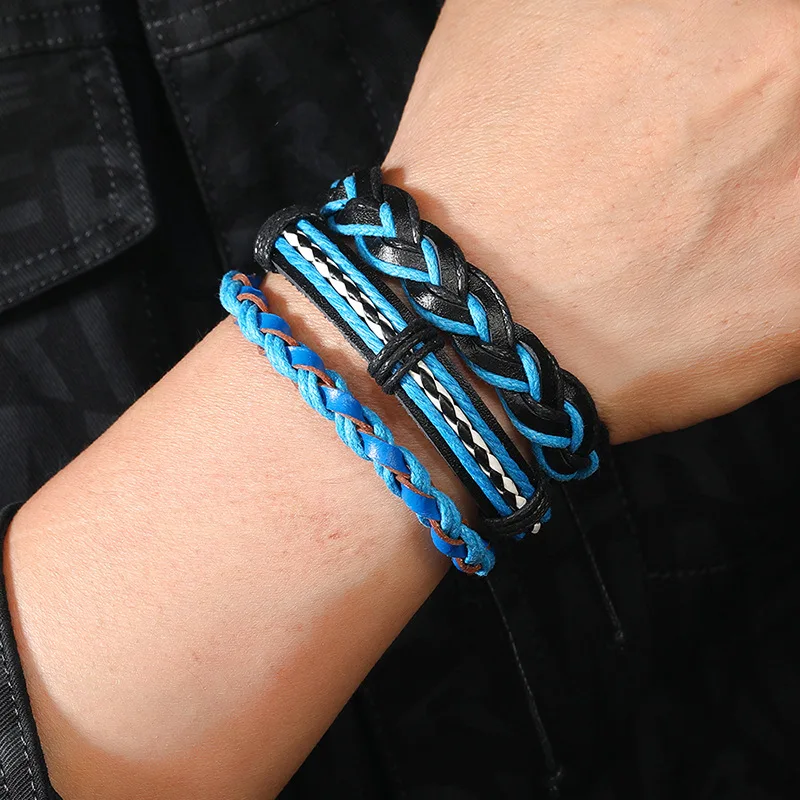 Blue Braided Rope Vintage Men Bracelets Hiphop Hand Strap Punk Bracelet Jewelry Gift 5 Pcs/Set