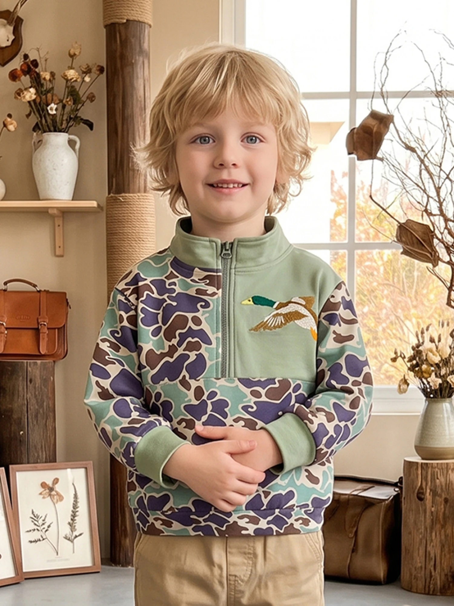Collar Camouflage Zipper Little Boy Little Pullover-Sweatshirt Pullover Zipper Stand Collar Camouflage Zipper