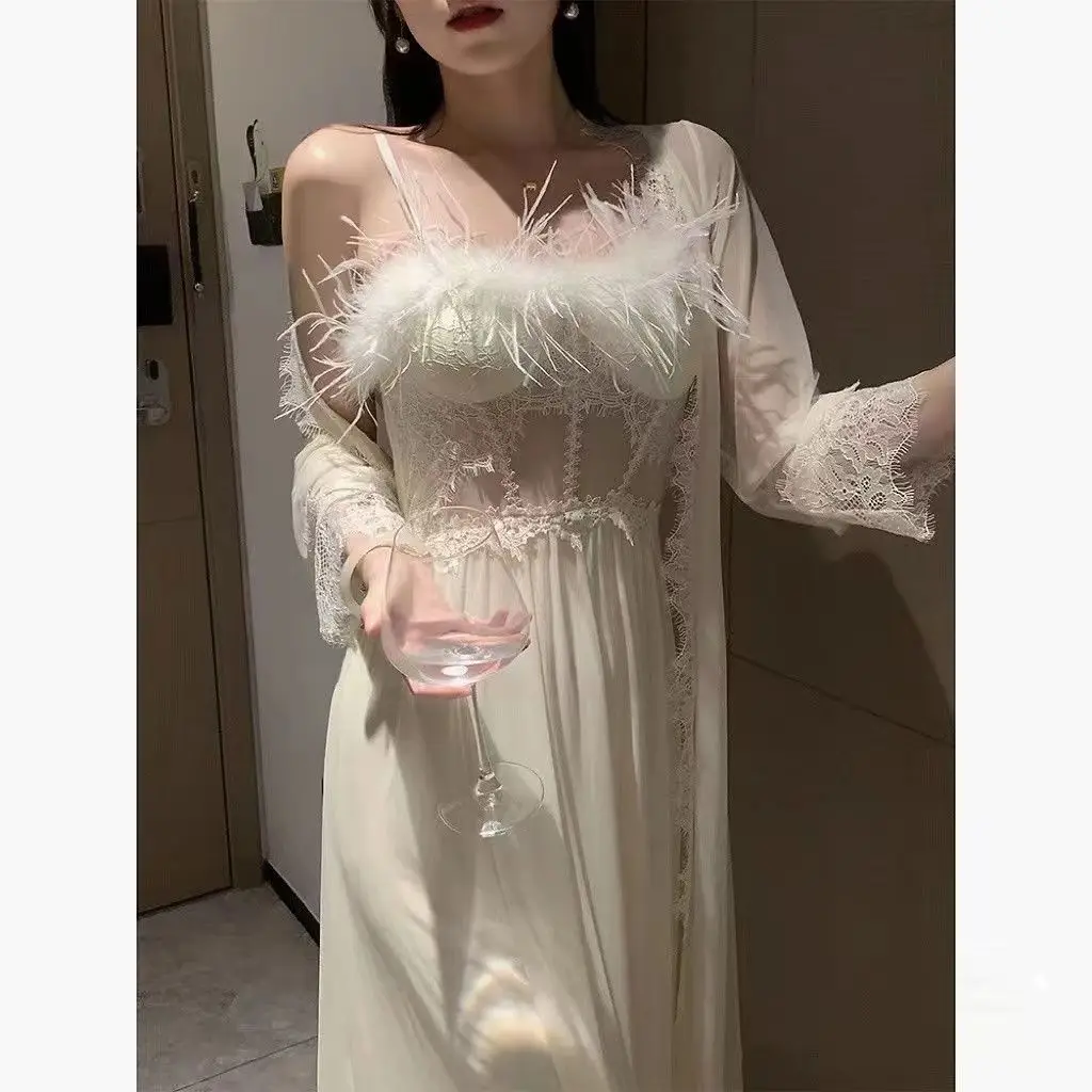 2023 spring summer new dressing gown women's feather sexy suspender fashion nightgown long ice silk high-end pajamas aesthetic