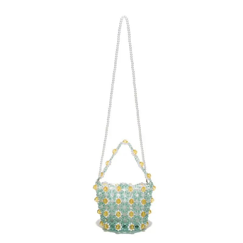 Round Hollow Beaded Single Shoulder Crossbody Bags Small Fresh Handmade Beaded Little Daisy Handheld Bucket Bag Customization