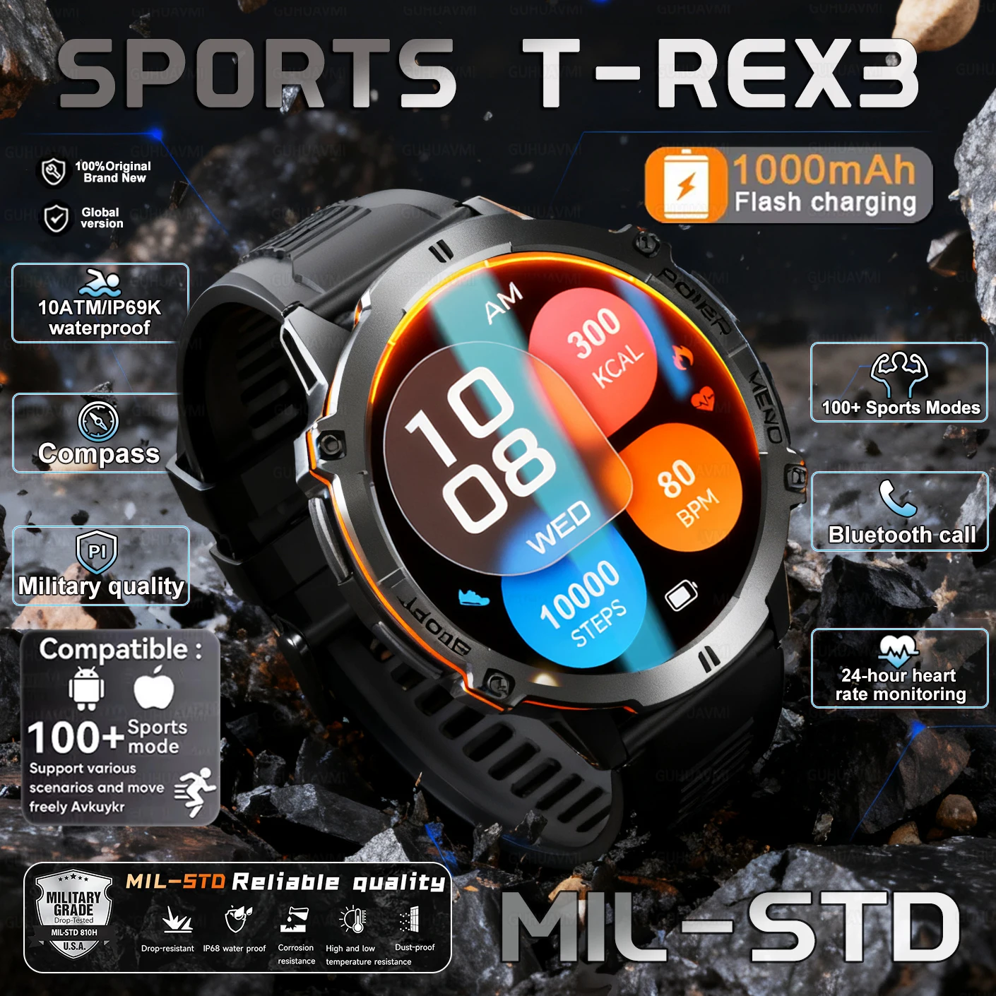 

2025 Горячие уличные T-REX3 военные умные часы 1000 мАч аккумулятор прочный компас 10 атм водонепроницаемые тактические 100 + спортивные умные часы для мужчин
