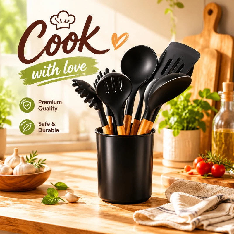 12Pcs Wood Handle Silicone Kitchen Utensil Set, Non-Stick Cooking Tools Packed in Elegant Gift Box for Household Cooking