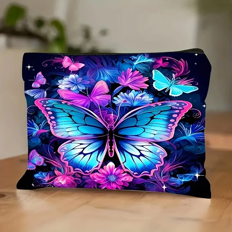 1pc Butterfly And Flower Pattern Linen Makeup Bag Ladies Travel Cosmetic Pouch Zipper Light Multi-function Toiletry Bags