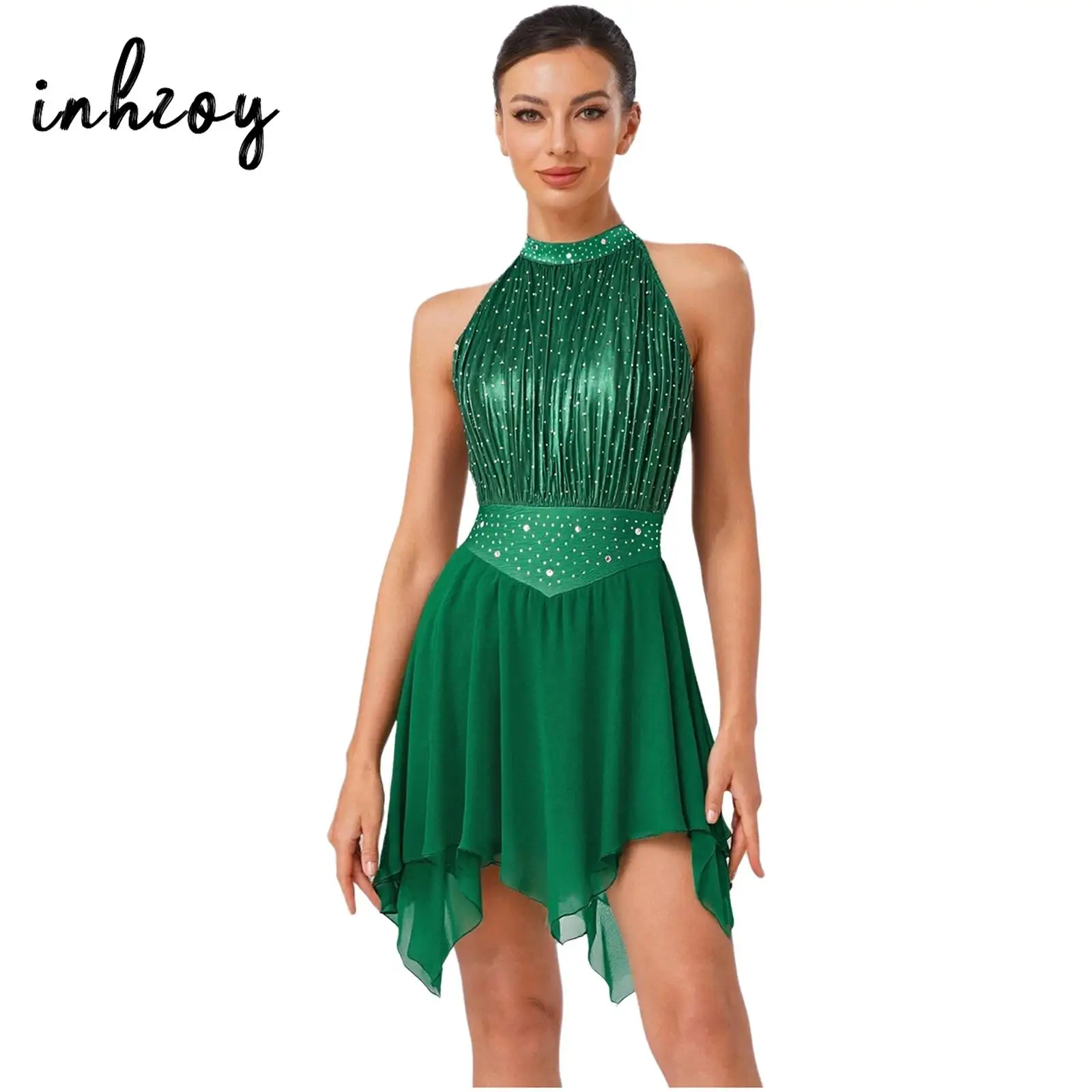 レディース-リリカル-ダンス-ドレス-シャーリング-メタリック-ラインストーン-レオタード-ドレス-体操ダンスやアイススケート競技パフォーマンス用