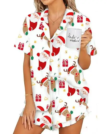 Women Christmas Pajamas Set Santa Print Lapel Neck Button-up Short Sleeve Tops Shorts Loungewear Outfit