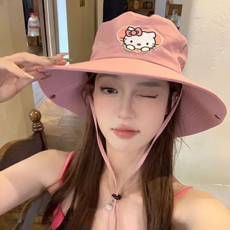 Miniso Pink HelloKitty Summer Sunscreen Hats Wide Brim Outdoor Camping Caps Cartoon KT Breathable Fisherman Hat Kawaii Girl Gift